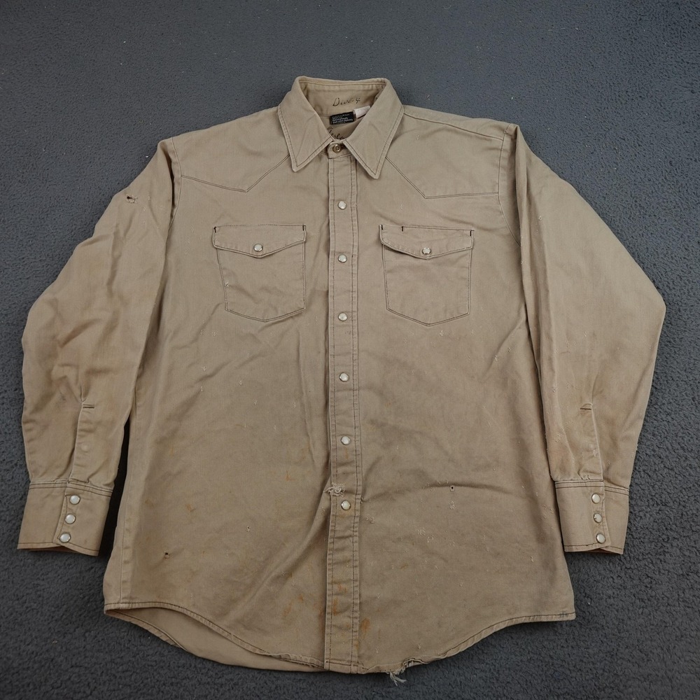 Vintage Prentiss Shirt Mens Large Beige Twill Western Pearl Snap Button USA